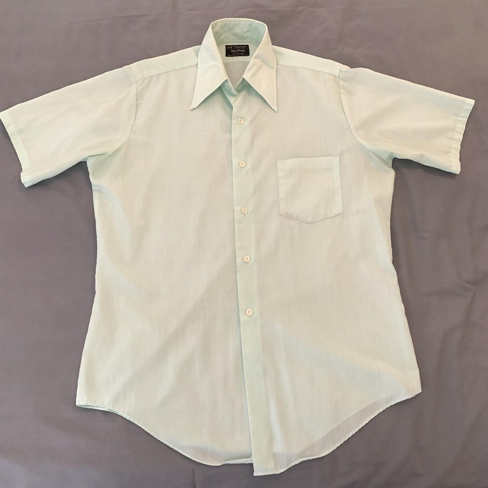 Vintage JCPenney Shirt Mens Medium Green Solid Short Sleeve Dress No Iron 70s